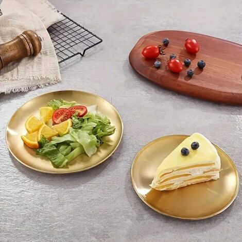 Ensemble de 6 plateaux de service en acier inoxydable (23 cm), plaqués or et résistants à la corrosion, pour salades et buffets de réception. (1/5)