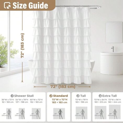 Rideau de douche plissé style champêtre vintage, fait main, en tissu décoratif rustique, convient aux salles de bains, 182,88 cm x 182,88 cm Blanc (1/5)