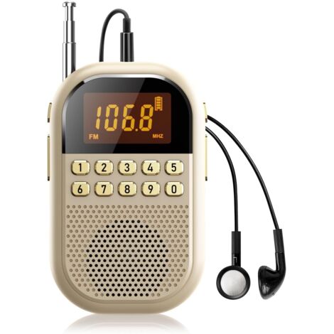 Radio de Poche AM/FM Rechargeable 1100 mAh Bluetooth - Haut-Parleur Puissant Minuterie Sommeil - Idéal pour Jogging & Marche Beige