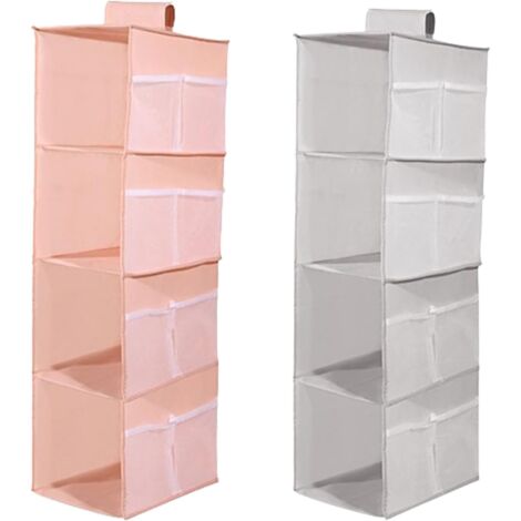 Lot de 2 étagères suspendues pour penderie, 4 Compartiments, avec 12 Poches latérales en Filet pour Armoire familiale, Chambre à Coucher, Pliables et Coupe Universelle (Gris et Rose) (1/5)