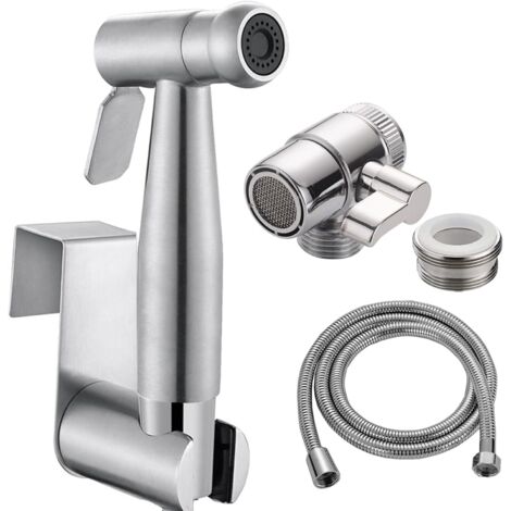 Home Handheld Bidet Ensemble de toilettes pour bébé avec vaporisateur de robinet, tuyau et raccord, Parfait pour Laver les Cheveux ou Nettoyer le Lavabo (Argent) (1/5)