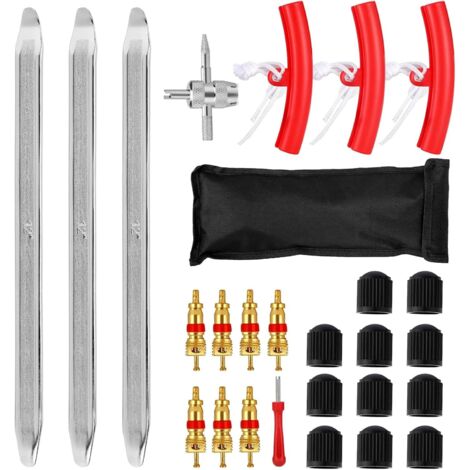 Kit de 27 pièces de démonte-pneus, leviers de 30 cm / 11,8 pouces, avec 3 protections de jantes, outils de montage de pneus pour moto, vélo, voiture, scooter (1/5)