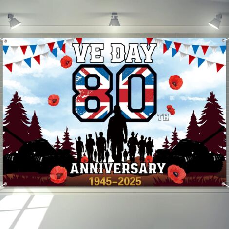 Décorations du 80e anniversaire de la VE, bannière de fond de la victoire en Europe, drapeau du jour des 80 ans VE 1945-2025 décorations. 180 x 110 cm (1/5)
