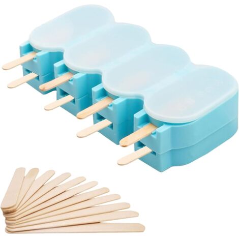 Lot de 2 moules à glace en silicone, 4 cavités, moules à glace, sans BPA, avec 50 bâtonnets et couvercle en silicone pour dessert, sorbet, pudding (bleu) (1/5)
