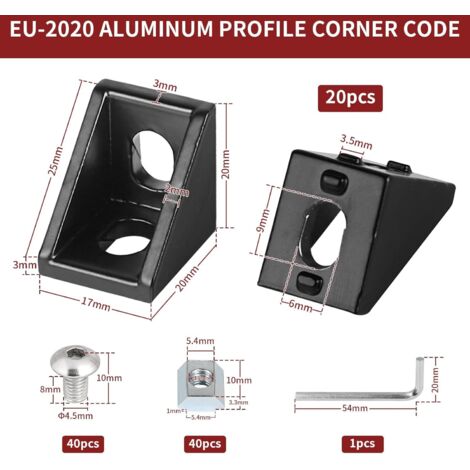 Lot de 20 supports de fixation - 20 x 20 cm - Accessoires pour profilé en aluminium - Rainure 6 - Connecteur mural - Support mural - Pour profilé d'angle en aluminium 2020 (1/4)