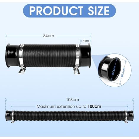 Tuyau d'admission d'air froid universel pour voiture 76 mm (3 pouces) Flexible d'admission d'air noir extensible, réglable jusqu'à 1 m Conduit d'admission flexible modifiable pour automobile (1/4)