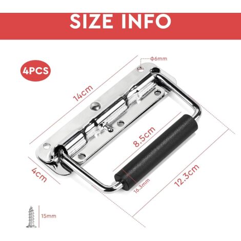 Lot de 4 poignées de transport - Poignée de boîte en fer - 140 mm - Poignée pliable - Rebond automatique - Poignée de boîte en bois - Poignée pliante avec poignée isolée en caoutchouc pour (1/4)