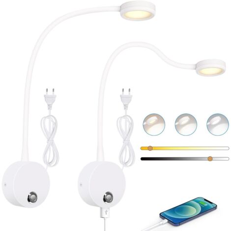 2pcs Lampes de lecture murales, liseuse de chevet avec interrupteur tactile dimmable 3000-6000K, port de charge USB, 4W liseuse de lit pivotante à 360° avec prise et câble pour chambre, Blanc (1/5)