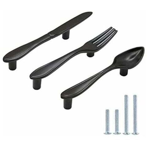 Lot de 3 poignées d'armoire en forme de cuillère à couteau en forme de fourchette poignées de porte trou central 7,6 cm noir mat (1/4)
