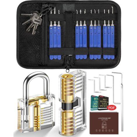 25 Piece Lock Pick Kit with 2 Transparent Locks, Training Tools Transparent Padlock with Leather Bag, Practice Tool for Beginner and Pro Locksmiths (1/5)