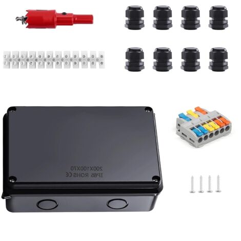Boîte de Dérivation IP65 Noir 200x100x70mm - Étanche pour Caves/Garages - Bornes Incluses - Adaptée Câbles 12-16mm - Accessoires de Montage - Protection Humidité (1/5)