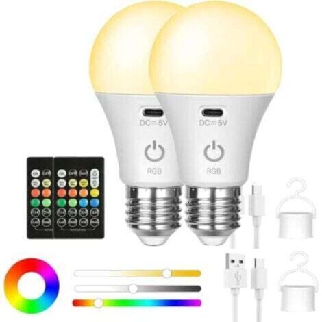 Ampoule LED Rechargeable Avec Telecommande, Ampoule E27 Couleur Sans Fil, USB C Batterie Ampoule RGB Avec Crochet, Pour Intérieure et Extérieure (2 pièces) (1/5)