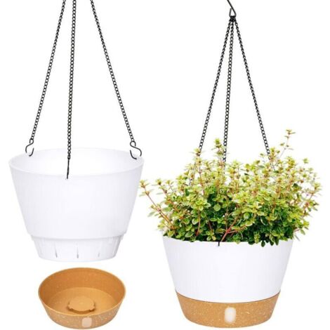 Lot de 2 jardinières suspendues, 25.4 cm de diamètre pour l'intérieur et l'extérieur, Pot de Fleurs Suspendu avec Trou de Drainage et 3 Crochets pour Le Jardin et la Maison (Blanc) (1/5)