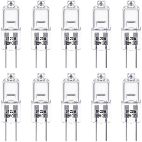Ampoules Halogènes G4, Lampe de Base à Broche Halogène 12V 20W, Blanc Chaud 3000K, 350LM, Gradable, Lampe Halogène Basse Tension G4, Lampe à Capsule Transparente, Paquet de 10 (1/5)