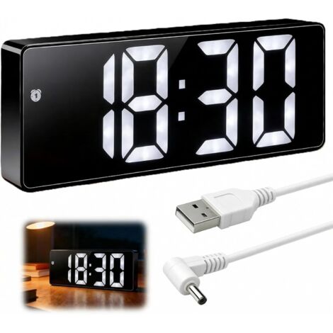 Réveil Numérique avec Câble USB, Horloge Digitale LED avec Gros Chiffres, Reveil Digital 12 / 24H avec Température Date Alarme Luminosité Réglable (Blanc) (1/5)