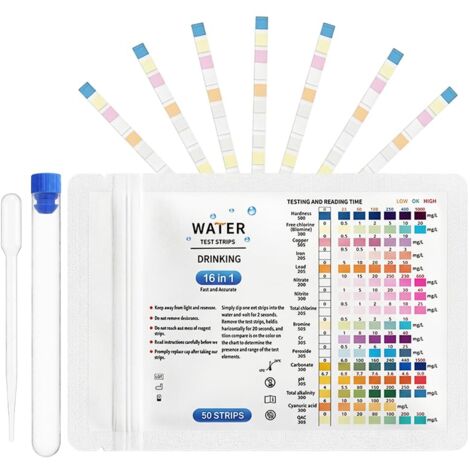 Lot de 50 Bandelettes de Test 16 en 1 pour l'Eau Potable, Testeur Eau Aquarium avec Compte-gouttes pour PH Dureté Totale Plomb Cuivre, Bandelette Piscine pour Fontaines l'Eau du Robinet Piscine (1/5)