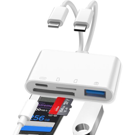 Lecteur Carte SD iPhone, 4 en 1 Lightning to SD Card Reader, Adaptateur iPhone Carte SD, Adaptateur Carte S/D i-Phone, Lecteur de C-Arte S-D pour i-Phone, A-daptateur S-D i-Phone