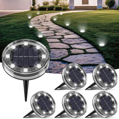 Lot de 6 Lampe Solaire Au Sol, 8 LED Lumiere Solaire Exterieur Jardin IP68 Étanche, Spot Solaire Extérieur pour Chemins Pelouse Terrasse Allée Cour Piscine Passerelle, Blanc Froid (1/5)