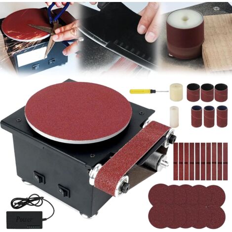 Ponceuse à Bande, 350W Ponceuse à Disque à Bande Ponceuse à Disque Table Diamètre Disque Ponçage 150mm 10 Disques Papier Verre 10 Bandes Abrasives 2 Rouleaux 6 Bandes Abrasives Convient (1/5)