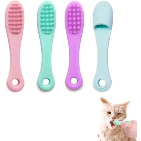Lot de 4 Brosse à dents pour chien, Brosse à Dents à Doigt Animaux- En silicone - Doux et confortable - Pour les petits chiens et chats - Longue poignée incurvée (1/4)