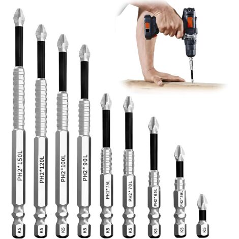 Lot de 9 embouts de tournevis magnétiques résistants aux chocs, embouts Phillips antidérapants en acier chrome-vanadium pour perceuse électrique (25 50 65 70 75 90 100 120 150 mm) (1/5)