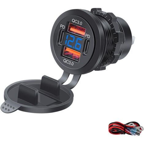 Prise USB 12V, 78W, 4 Ports (2xQC3.0 + 2xPD) - Chargeur Véhicule avec Voltmètre LED Bleu - Compatible 12-24V Voiture/Moto/Camion/Bateau/Camping-car - Charge Rapide & Conception Durable (1/5)