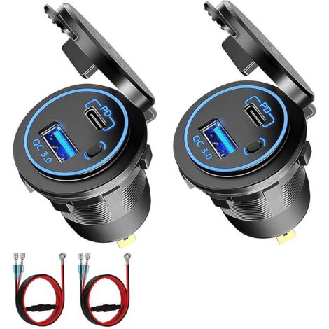 Prise USB 12V, 54W, Double Port de Charge Rapide (QC3.0 + PD) avec Interrupteur on/Off - Port USB Embarqué 12-24V pour Voiture, Moto, Camion, Bateau, Camping-Car (2 Pièces) (1/5)