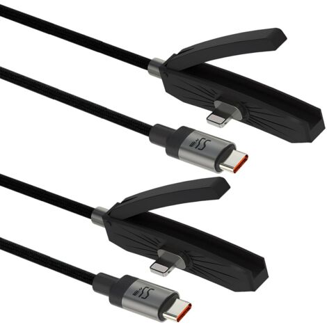 Lot de 2 Câbles charge rapide 3 en 1 avec support invisible, câble USB vers Lightning et USB C vers Lightning 2 m, connecteur latéral 90°, support smartphone intégré pour phone, tablette et téléphone (1/5)