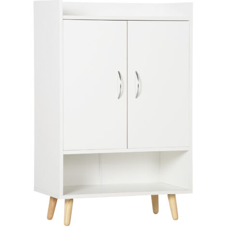 HOMCOM Meuble à Chaussures scandinave Placard 2 Portes 4 étagères Pieds effilés inclinés Bois Massif Panneaux Particules Blanc (1/5)