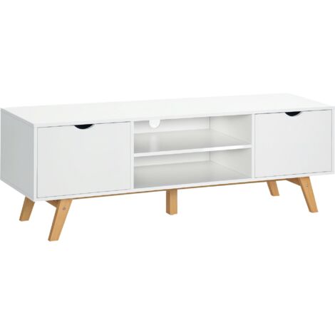 HOMCOM Meuble TV Banc TV sur Pied Moderne Scandinave 2 Portes 2 niches en Bois Blanc 150L x 39l x 50H cm (1/5)