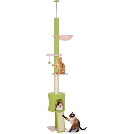 Arbre à chat du sol au plafond 5 niveaux hauteur réglable 220-240 cm plateformes fleur avec griffoir niche hamac vert (1/5)
