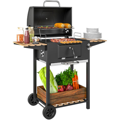 Barbecue charbon de bois réglable en hauteur avec grille, couvercle, thermomètre, étagères, roues et décapsuleur, noir (1/5)