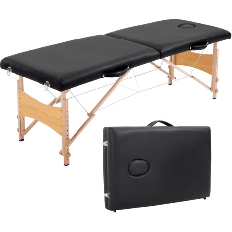 HOMCOM Table de massage pliante, lit de massage 2 zones 186 x 60 cm portable, hauteur réglable, oreiller facial amovible, table esthétique tatouage en bois de hêtre, sac de transport inclus, noir (1/5)