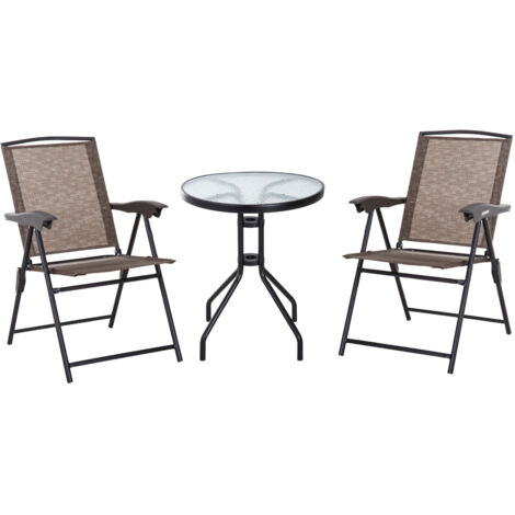 Outsunny Ensemble de Jardin 3 pièces 2 chaises inclinables Multi-Positions Pliables + Table Ronde Verre trempé métal textilène Chocolat (1/5)