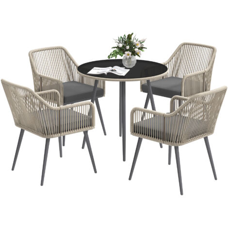 Salon de jardin extérieur en résine tressée 4 places - coussins et table ronde en verre, pour terrasse, jardin, marron (1/5)