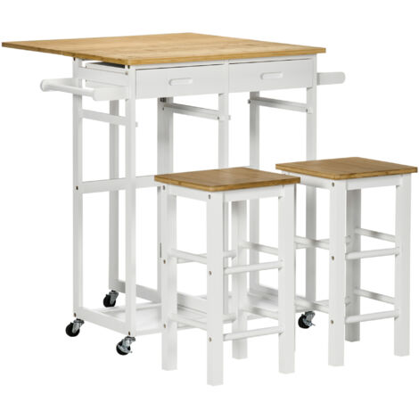 Ensemble table de bar pliable roulettes + 2 tabourets blanc et bois clair - 2 tiroirs et porte-torchons (1/5)
