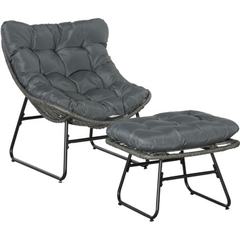 Outsunny Fauteuil chaise de jardin avec repose-pieds en métal époxy et résine tressée aspect rotin avec coussins moelleux - gris (1/5)