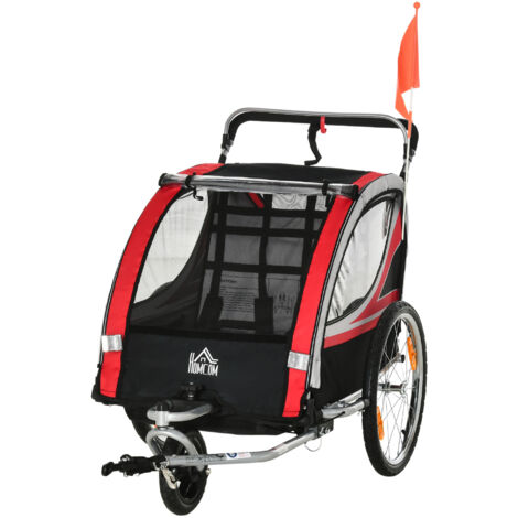 HOMCOM Remorque vélo pour enfant 2 en 1 convertible jogger poussette capacité 26,4 kg avec réflecteurs et drapeau - 2 places - rouge (1/5)