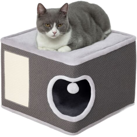 Tonneau griffoir chat arbre à chat avec plate-forme supérieur, en peluche et sisal 45 x 45 x 35 cm gris anthracite (1/5)