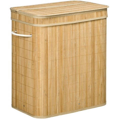 HOMCOM Panier à linge en bambou avec couvercle et poignées capacité 90 litres avec 2 sections et un sac amovible en tissu - 54,2 x 35,2 x 59,5 cm (1/5)