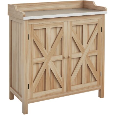 Table de rempotage armoire de rangement avec 2 étagères, plateau galvanisé patins antidérapants en bois sapin (1/5)