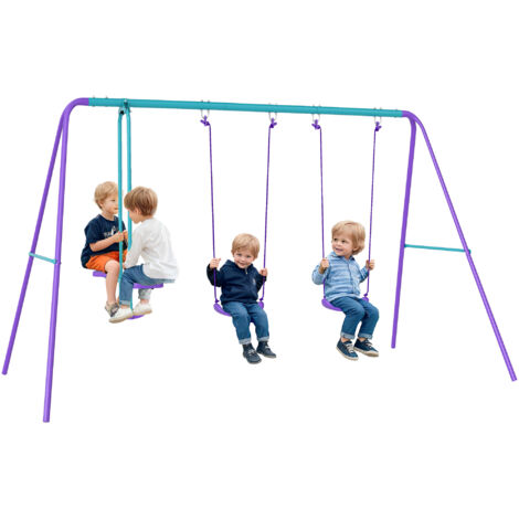 Portique balancoire exterieur 3 en 1 avec 1 balançoire face à face et 2 sièges de balancelle, pour enfants 3+ans, violet (1/5)