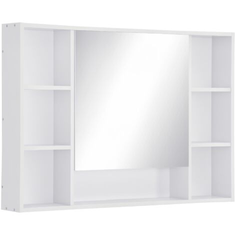 Armoire murale salle de bain avec miroir, meuble salle de bain, 7 étagères ouvertes et placard,100 x 15 x 70 cm, blanc (1/5)