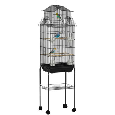 Cage à oiseaux sur pied, volière sur roulettes avec balançoire, support, design maison, 50,5 x 41 x 163 cm en acier noir (1/5)