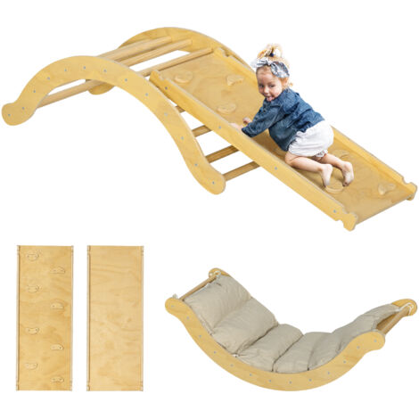 4 en 1 Arche escalade enfants, chaise à bascule, rampe d'escalade double face et coussin, 168x49,5x39,5cm, bois naturel (1/5)