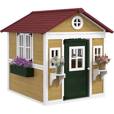 Cabane enfant extérieur maison enfant extérieure avec porte fenêtres et jardinières 114 x 126,4 x 135 cm beige