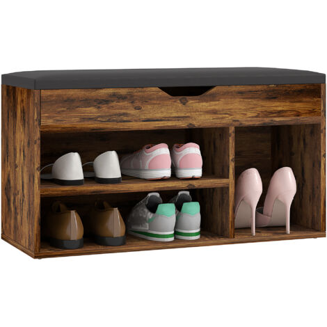 Meuble Chaussures Banc à Chaussures 2 Niveaux Rangement, Niche + Coffre intégré avec Coussin Effet bois d'acajou (1/5)