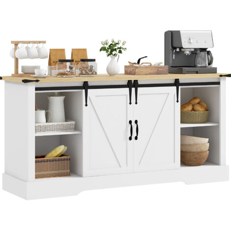 Buffet meuble de rangement avec 2 portes coulissantes étagères réglables 150l x 40P x 72H cm en bois blanc chêne (1/5)
