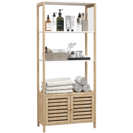 Colonne de salle de bain armoire de rangement en bambou 3 étagères 1 placard 63 x 30 x 138 cm bois naturel et blanc (1/5)