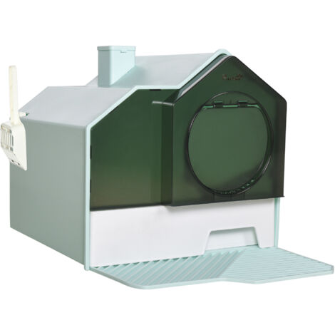 Maison de toilette bac à litière pour chat design maisonnette avec pelle, filtre et tapis dim. 47L x 45l x 42H cm bleu (1/5)